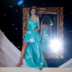 Aqua Blue High Low Fun Fashion Pageant Homecoming Prom Dress with Sparkle